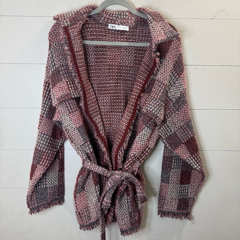 Zara | Women's Tweed Metallic Jacket With Tie Belt Size Small